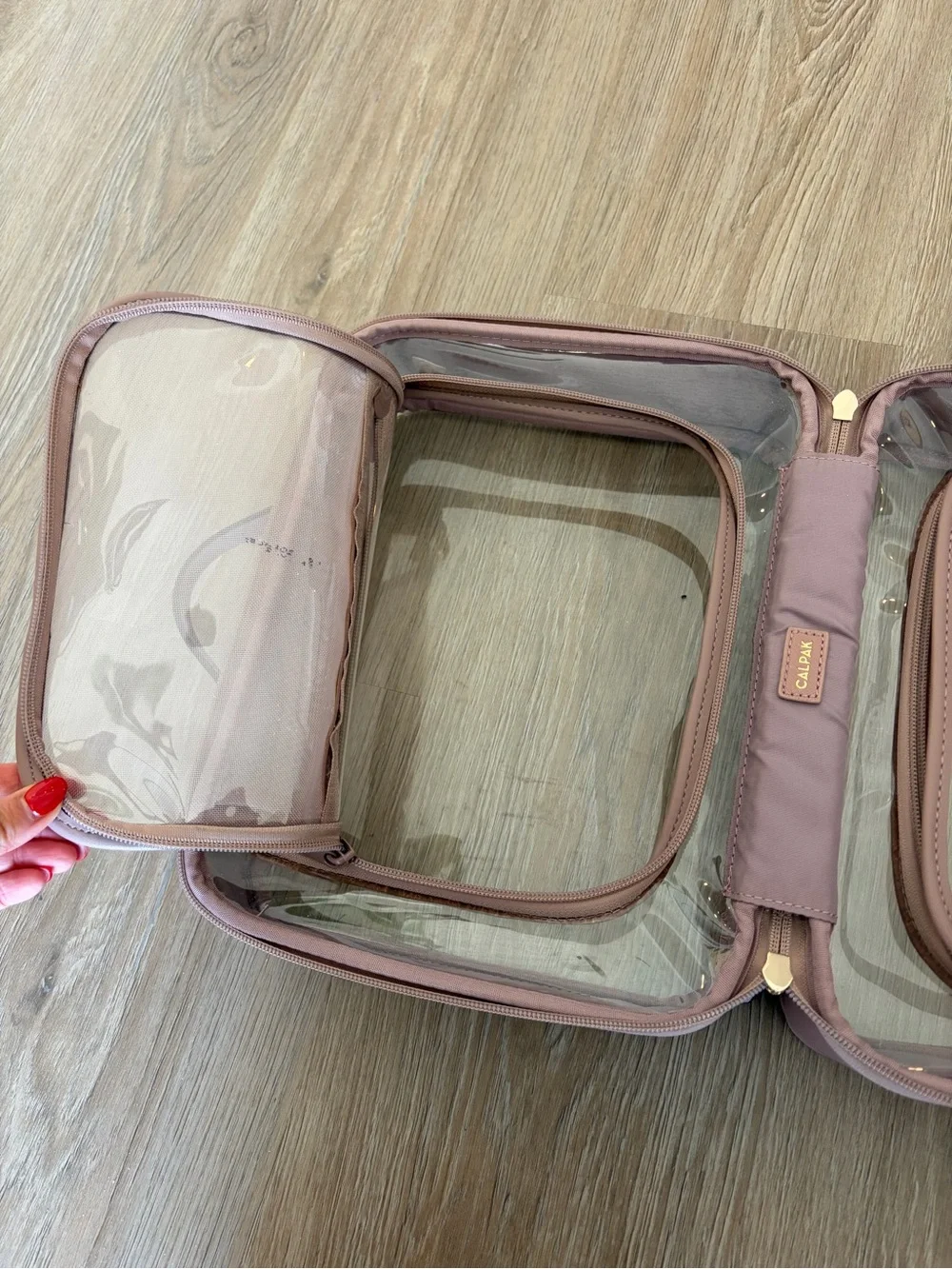 CALPAK Large Clear Cosmetics Case in Mauve/Pink